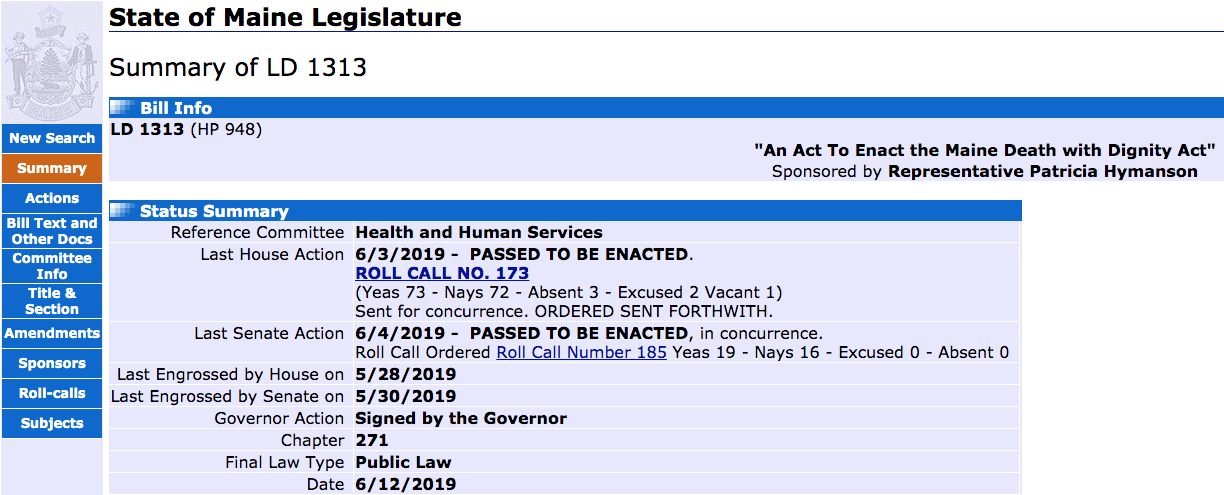 Status of Maine Death with Dignity Act on legislature's website