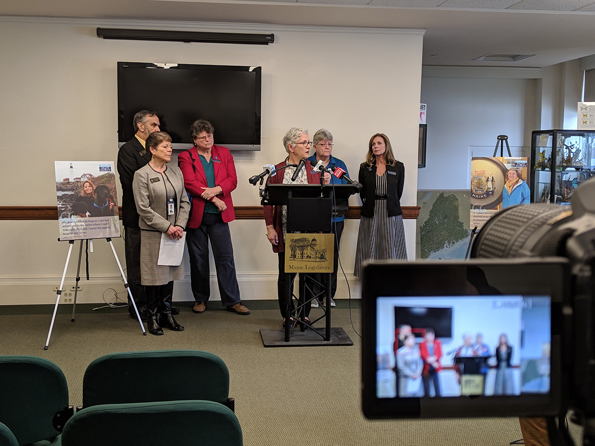 Maine Representative Hymanson speaking at the pre-hearing press conference